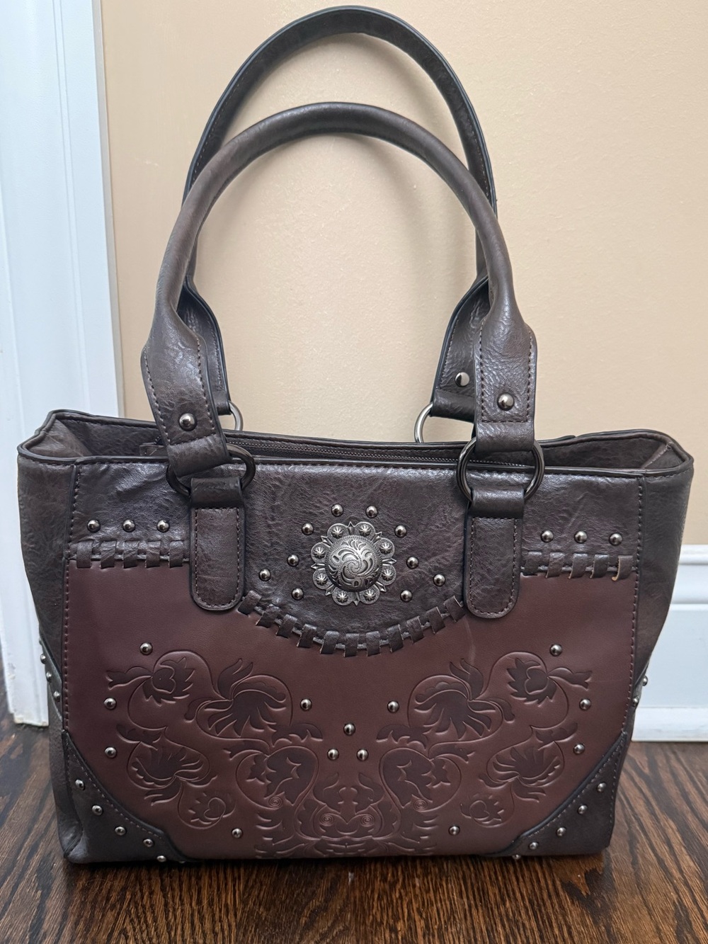 Women's Dark Brown Embossed Shoulder Bag with Stud Detail